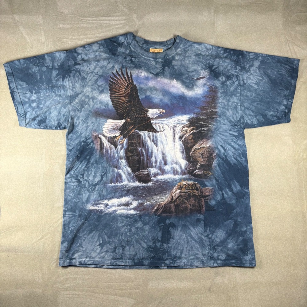 The Mountain Bald Eagle Waterfall Tie Dye Graphic T-Shirt Blue XXL Vintage Style